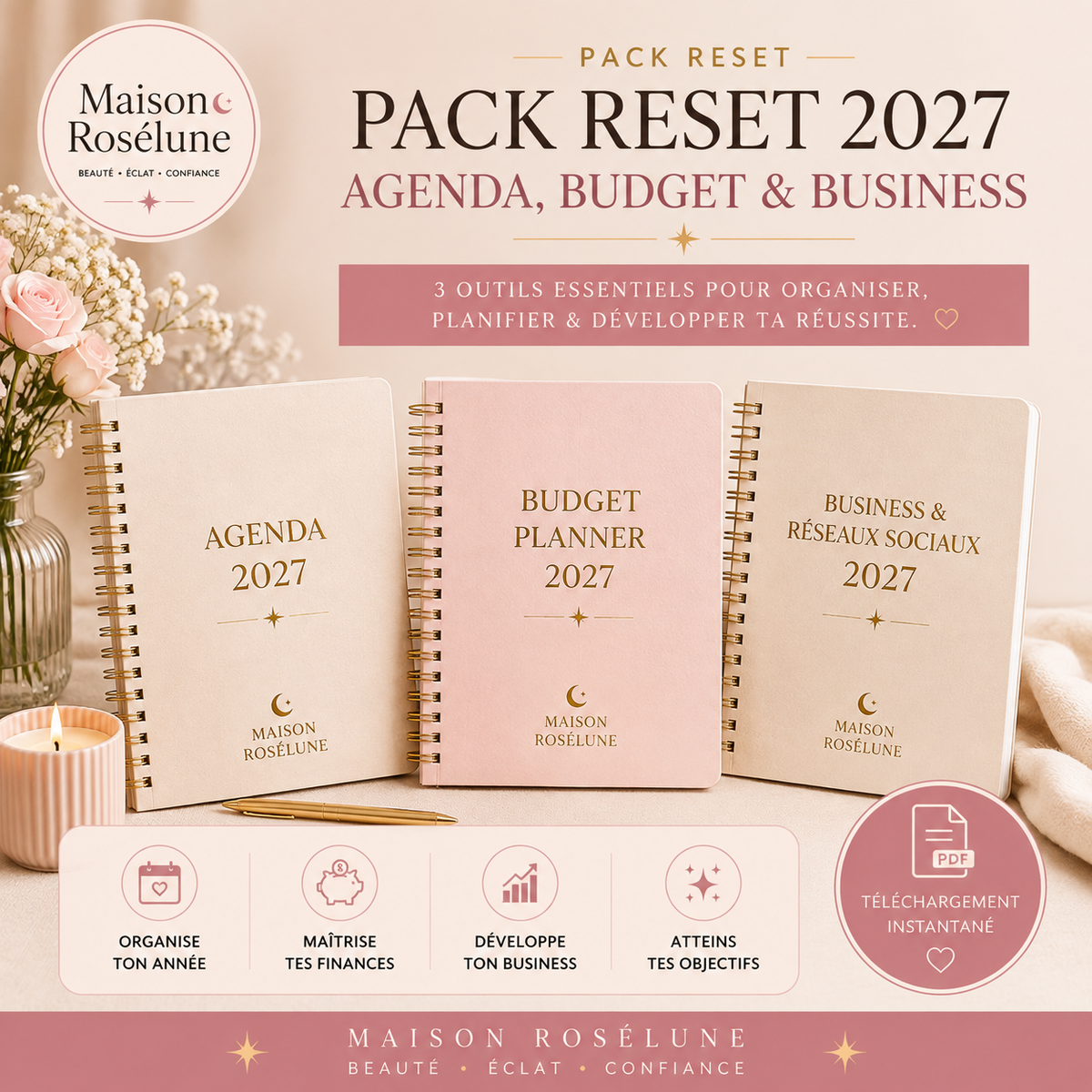 Pack Reset 2027 Maison Rosélune – Agenda, Budget et Business en PDF